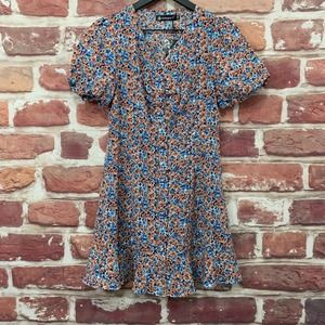 ALLEGRA K WOMEN'S BLUE & PINK MULTICOLOR DISTY FLORAL PUFF SLEEVE DRESS